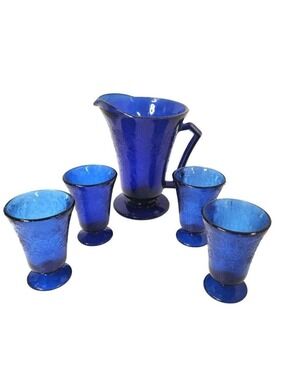Upper Deck Cobalt Blue Glass Pitcher Set Florentine 2 Taiwan 5 Piece